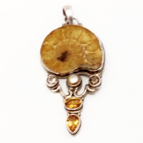 Vintage Fossilized Ammonite Shell in Sterling Silver w/ Gems - Picture 1 of 6